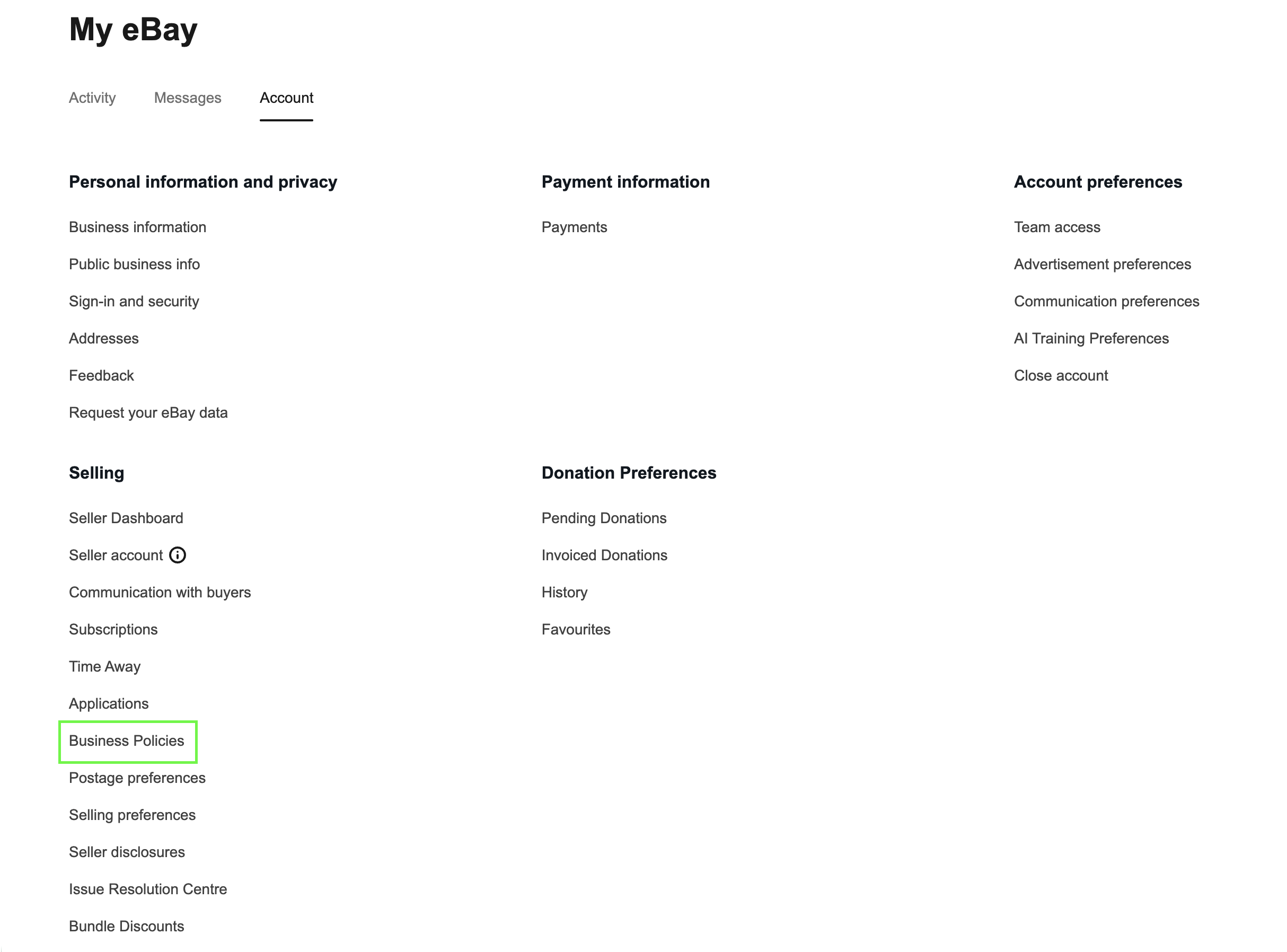 eBay account page Selling section showing the Business Policies link