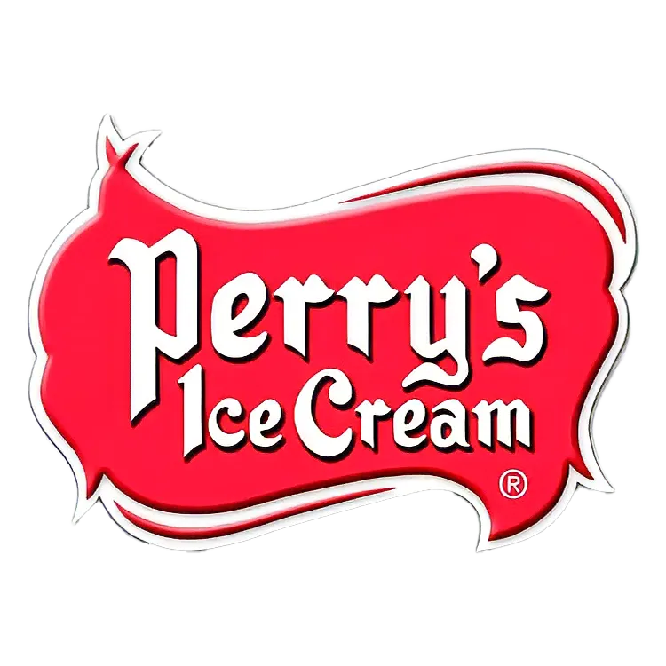 Perry's Ice Cream logo with white text on a red, wavy rectangular background. - Blackwell Sales Group