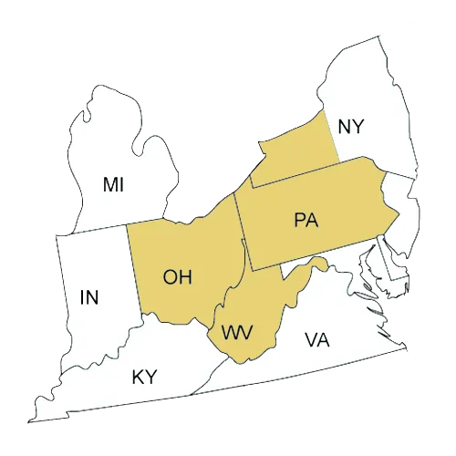 Map highlighting Ohio, Pennsylvania, and West Virginia in the eastern United States, with neighboring states Indiana, Kentucky, Virginia, New York, and Michigan outlined. - Blackwell Sales Group