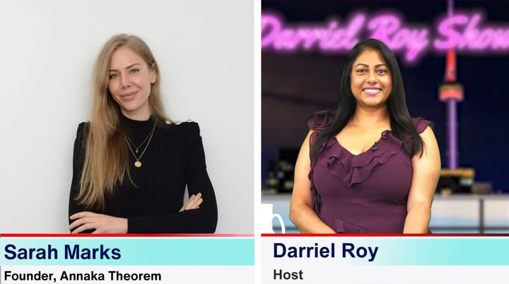 TV Interview Thumbnail showing Sarah Marks as the interviewee and Darriel Roy as the Host