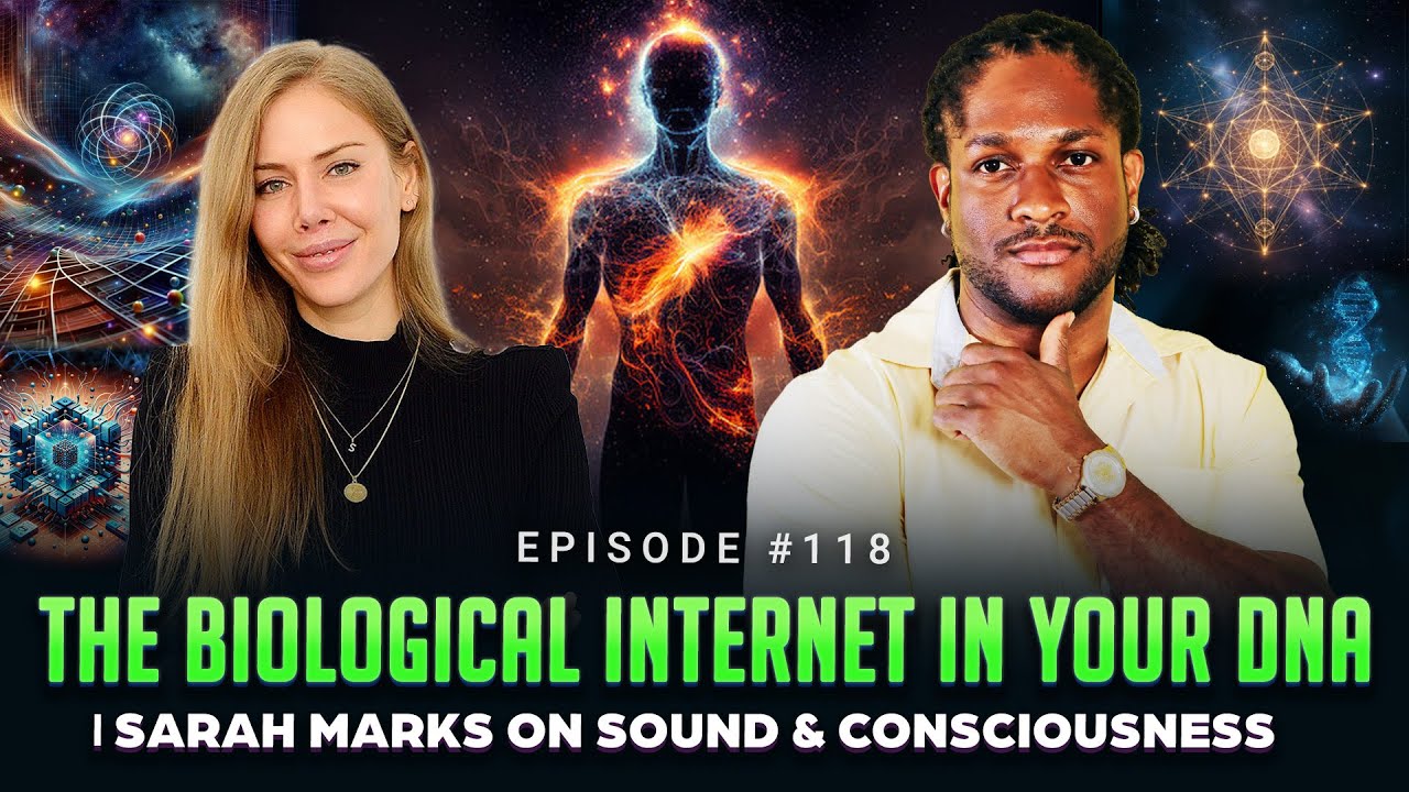 Sarah Marks and the conciousman7 with cosmic and DNA visuals, text on biological internet in DNA episode.