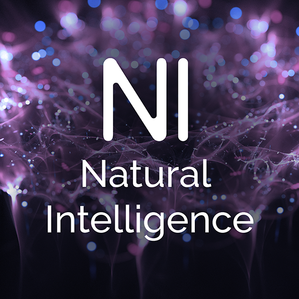 White text NI Natural Intelligence on a dark background with glowing purple and blue network-like light patterns.
