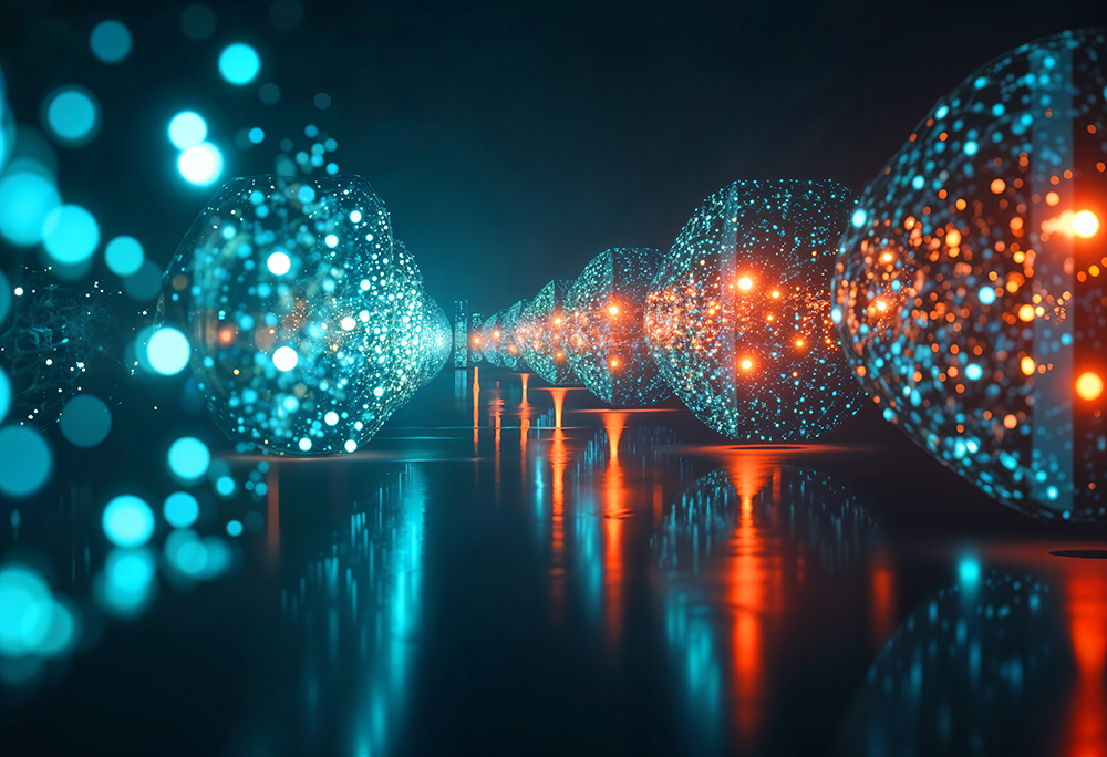 Glowing blue and orange digital spheres connected and reflecting on a dark surface, futuristic tech concept.