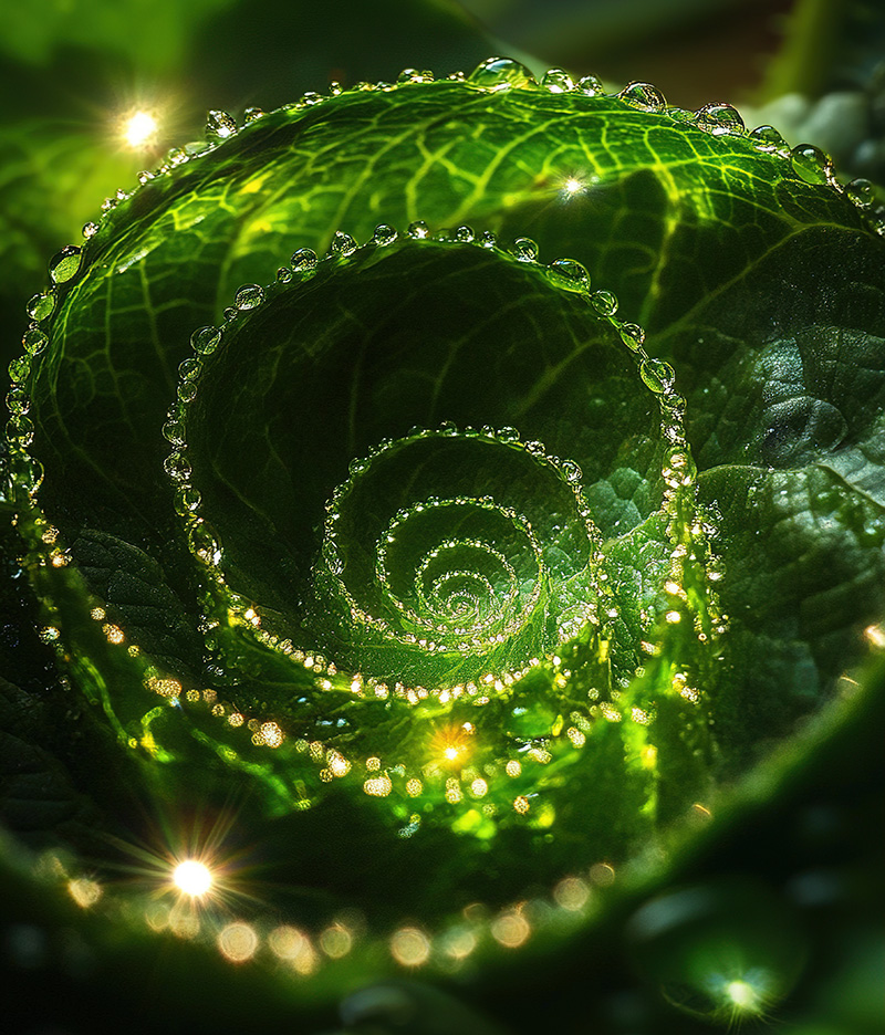Close-up of a green leaf spiral covered with glistening water droplets and glowing light reflections.