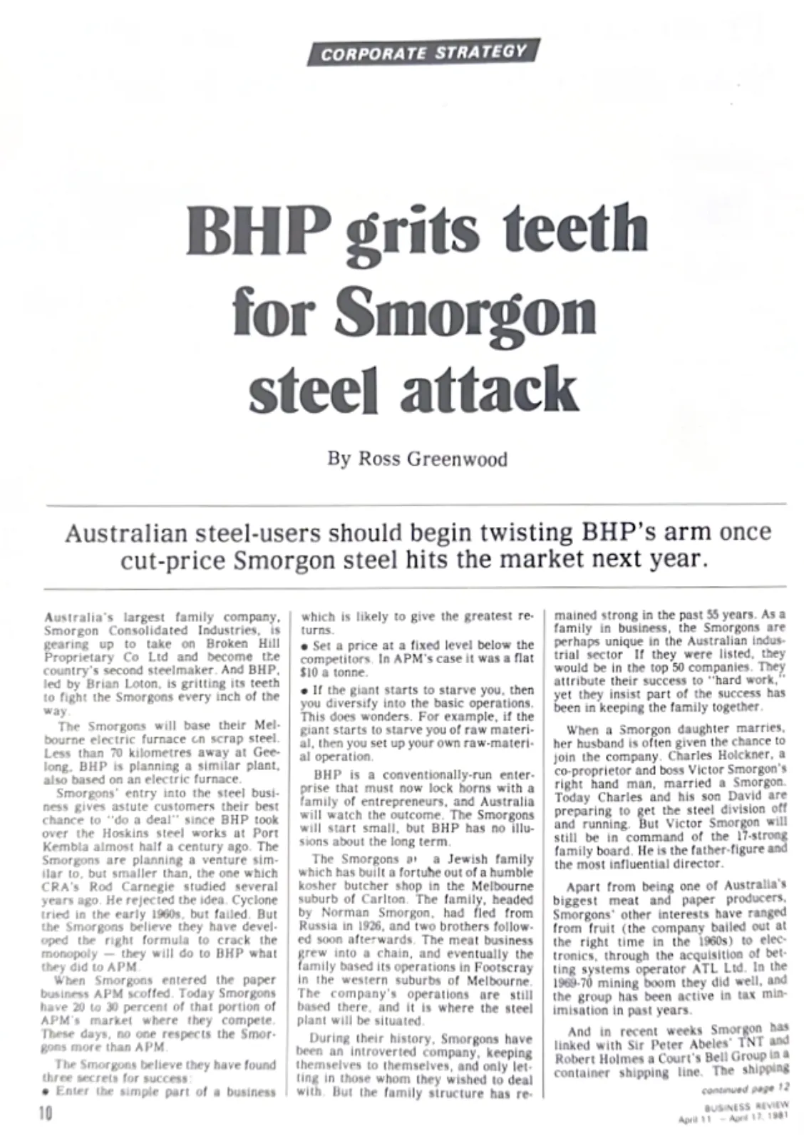 An article in the paper about BHP and Smorgon Steel