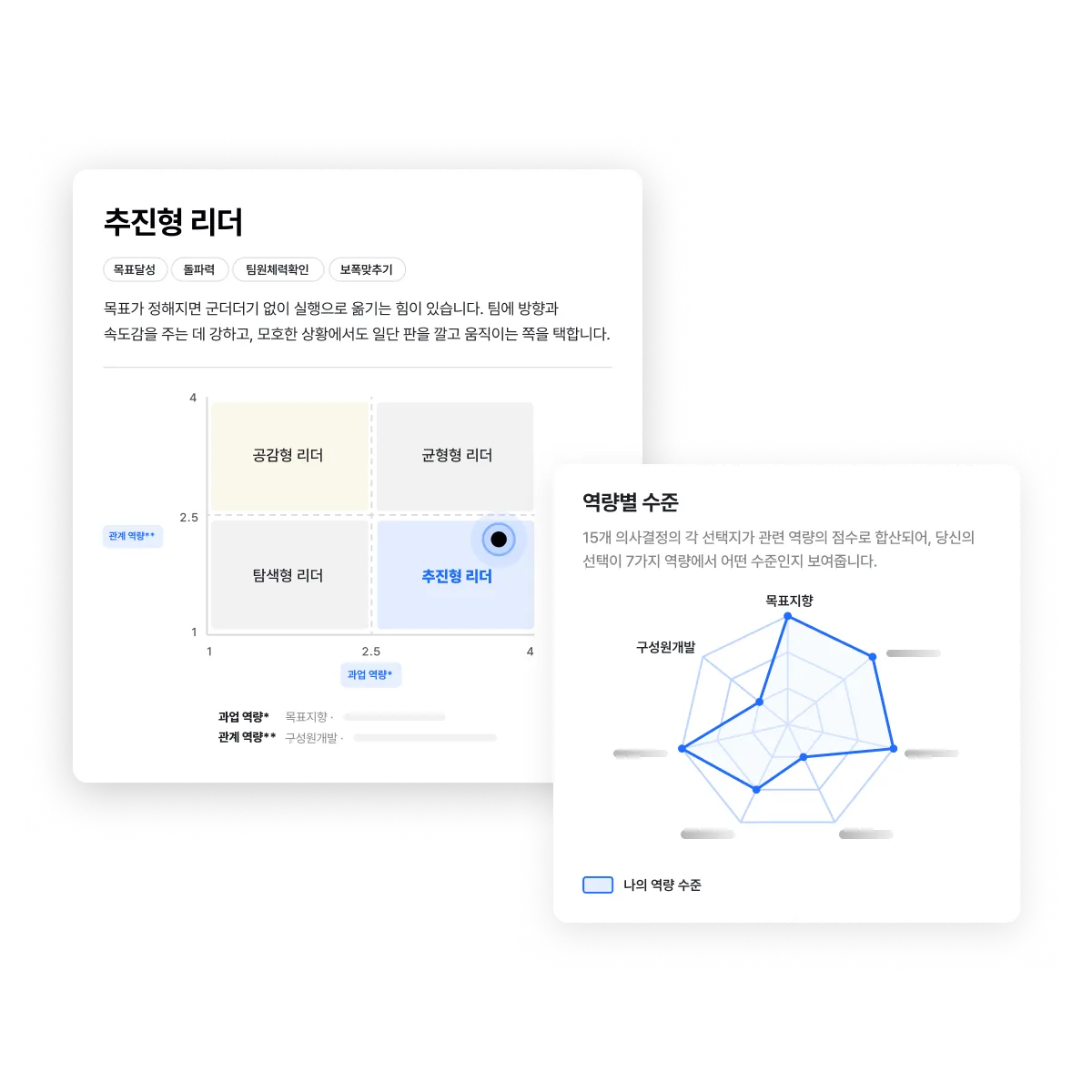 추진형 리더 유형 매트릭스와 역량별 수준 레이더 차트