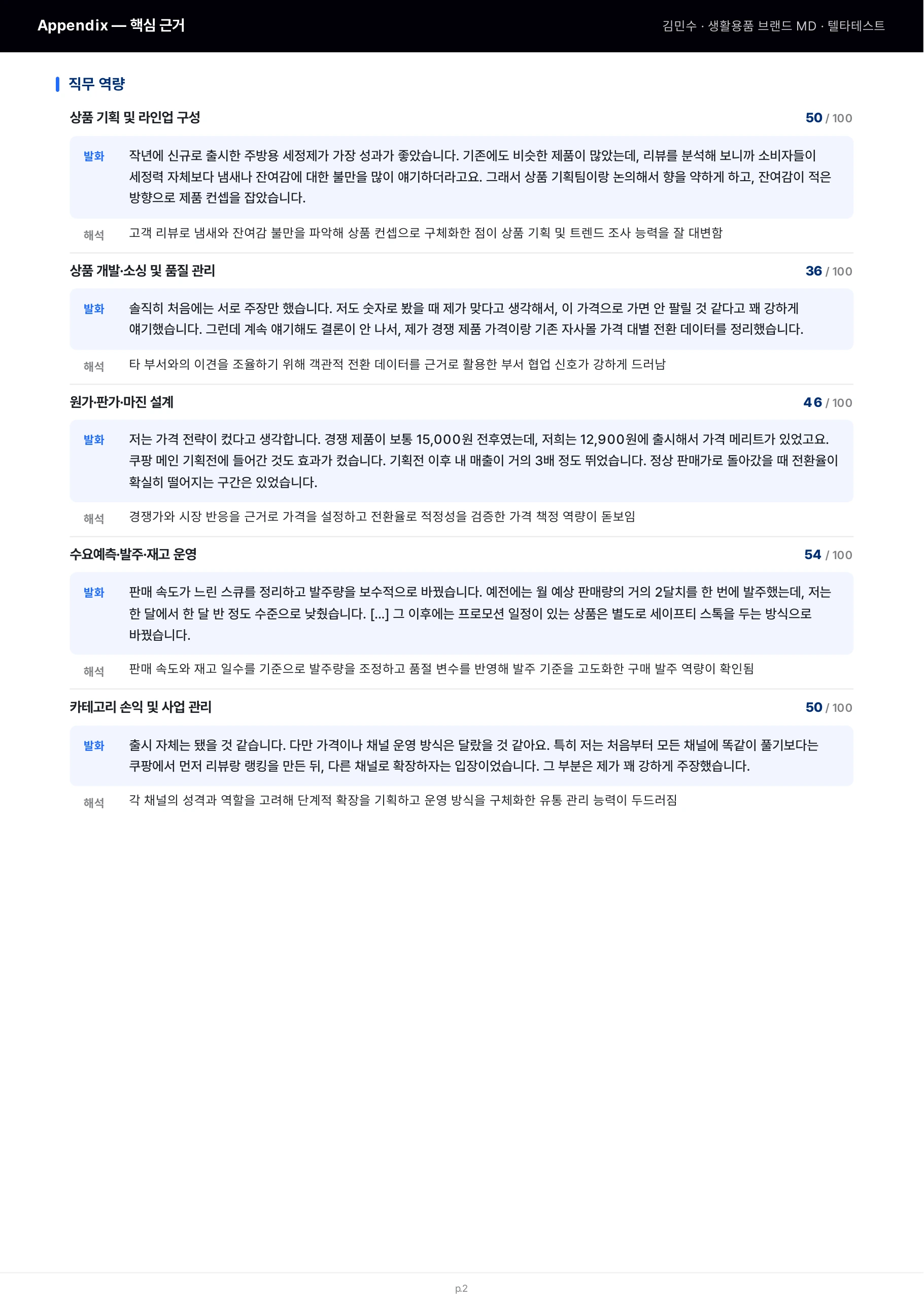 Interview Pro report showing supporting candidate statements