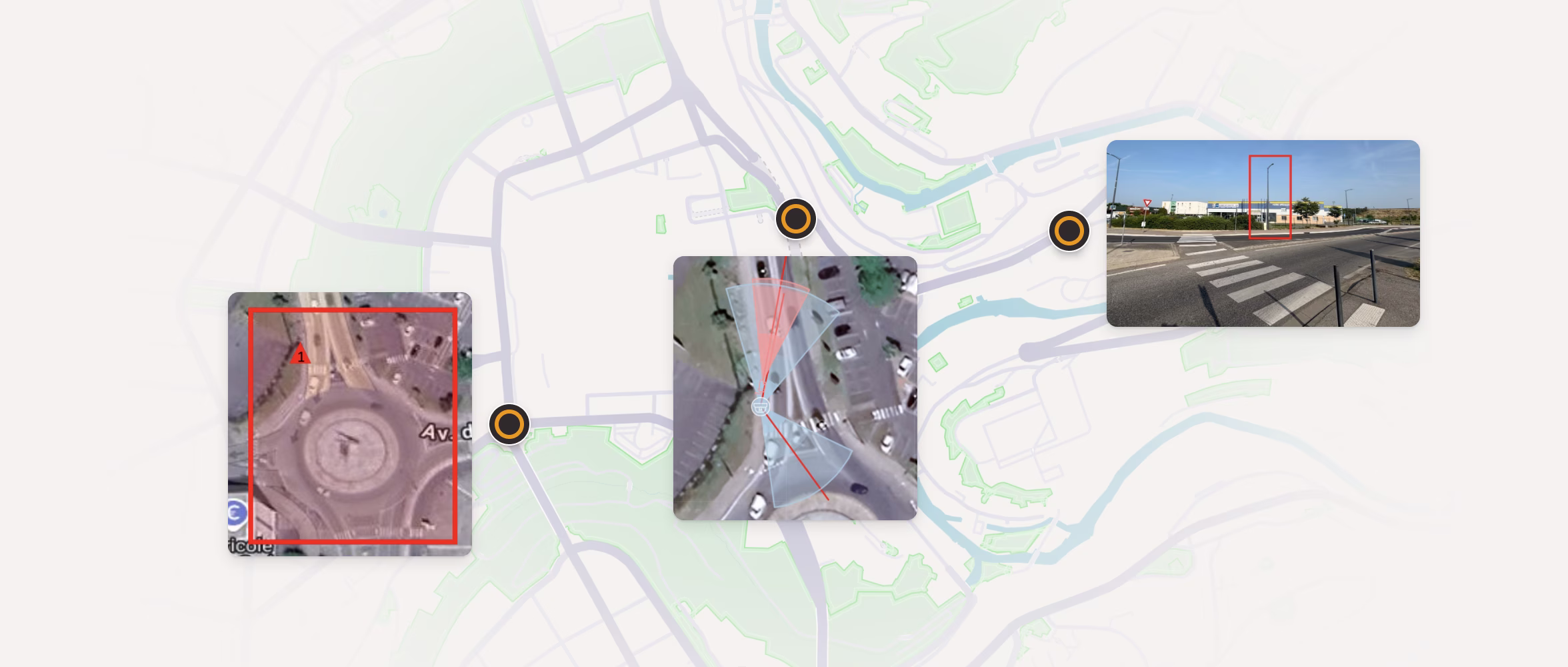 Carte avec trois images miniatures montrant un rond-point, une vue aérienne d'un carrefour avec angles de couverture, et un passage piéton avec un lampadaire encadré en rouge.