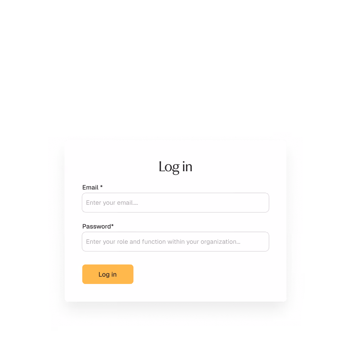 Login form with fields for email and password and an orange button marked "Log in".