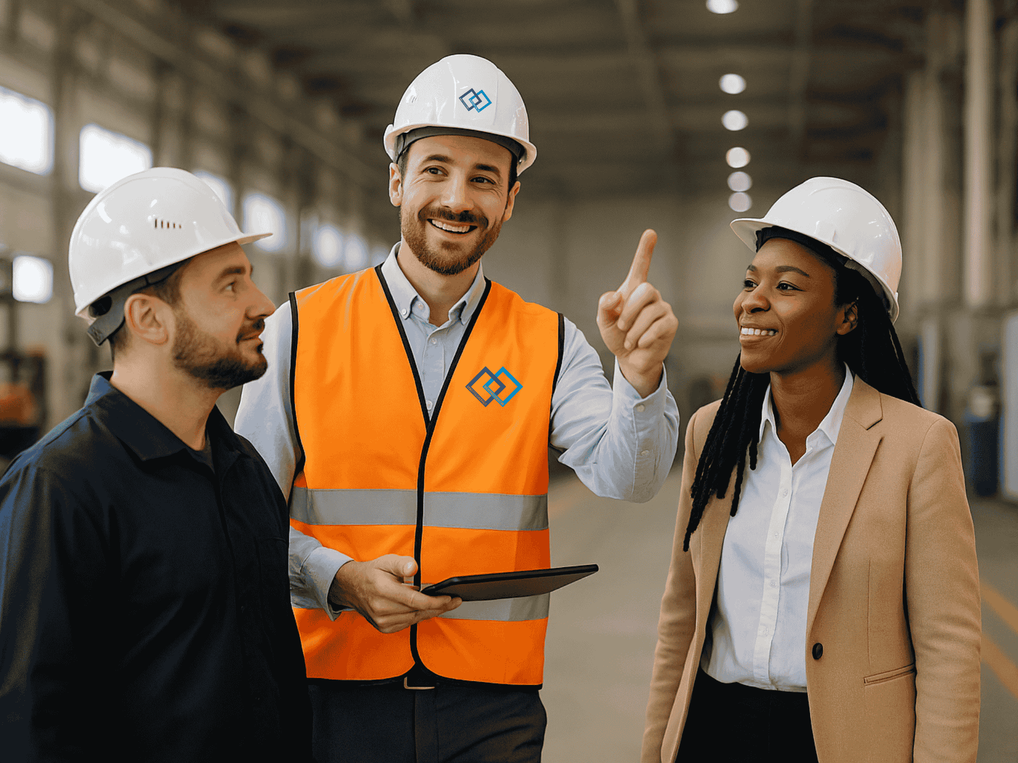 Drei Fachkräfte analysieren gemeinsam eine Arbeitsplatzsituation: Eine Sicherheitsfachkraft dokumentiert am Tablet, während zwei Mitarbeitende im Arbeitsumfeld auf potenzielle Gefährdungen hinweisen – ein Moment strukturierter sicherheitstechnischer Betreuung direkt vor Ort.