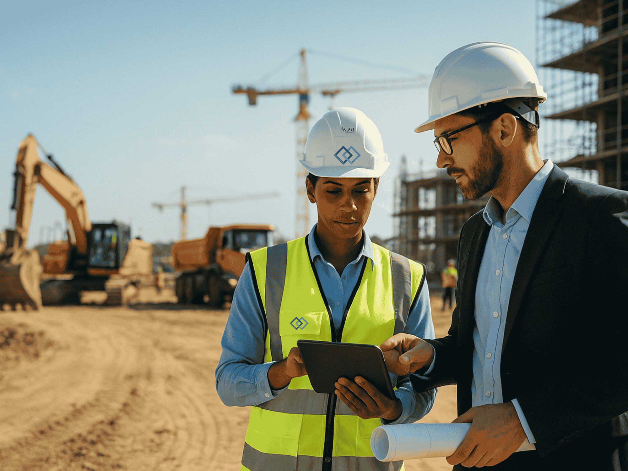 Zwei HSE-Fachkräfte stehen mit Sicherheitshelmen und Tablets auf einer aktiven Großbaustelle und besprechen sicherheitsrelevante Maßnahmen. Im Hintergrund sind Baustellenfahrzeuge und Bauaktivitäten zu sehen – ein Symbol für professionelle HSE-Projektbetreuung mit Überblick und Struktur.“