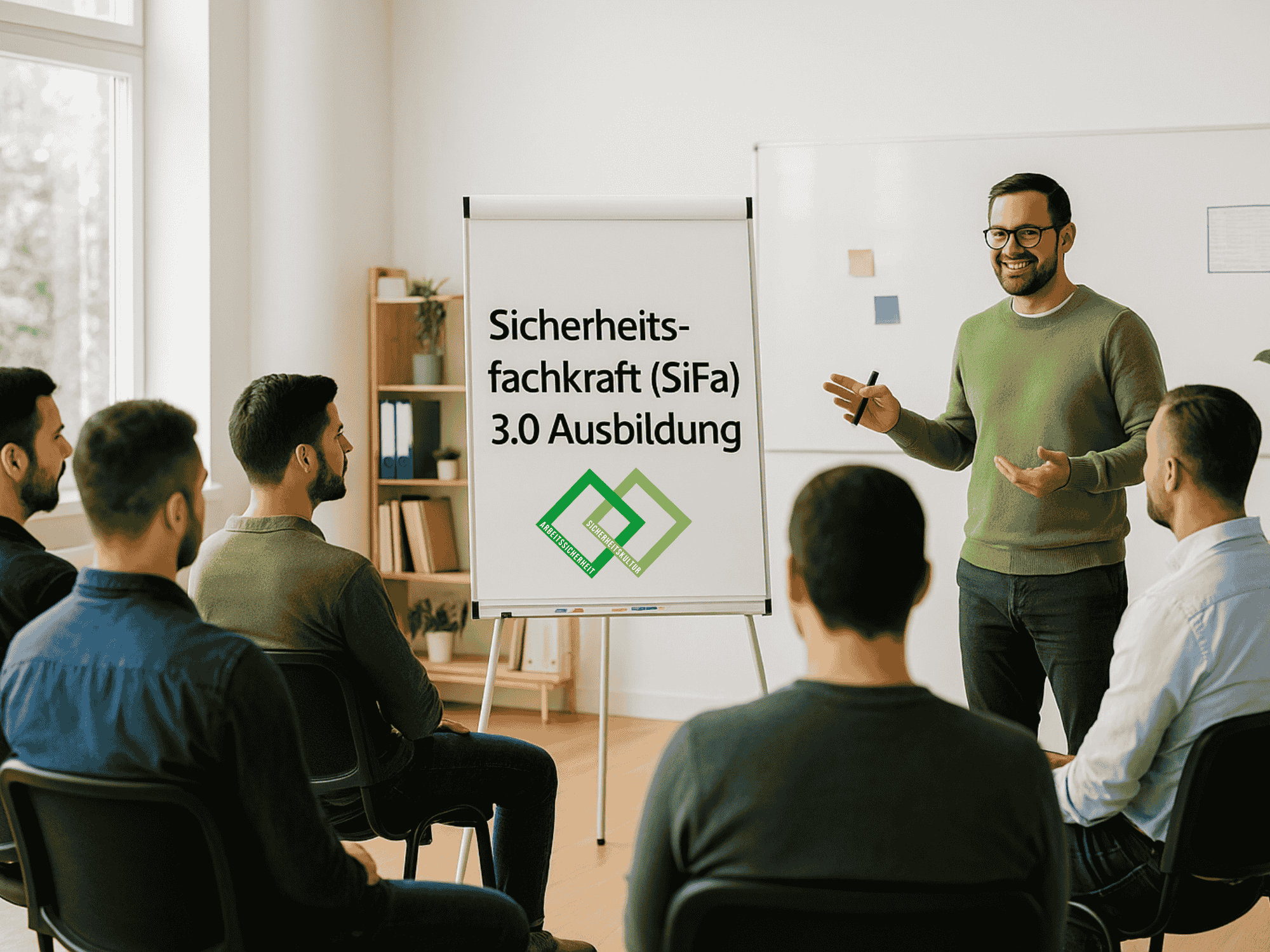 Männliche Teilnehmer einer modernen Schulung zur Sicherheitsfachkraft (SiFa) 3.0 in einem professionell ausgestatteten Seminarraum – Fokus auf praxisnaher Weiterbildung und zukunftsorientierter Arbeitssicherheit.