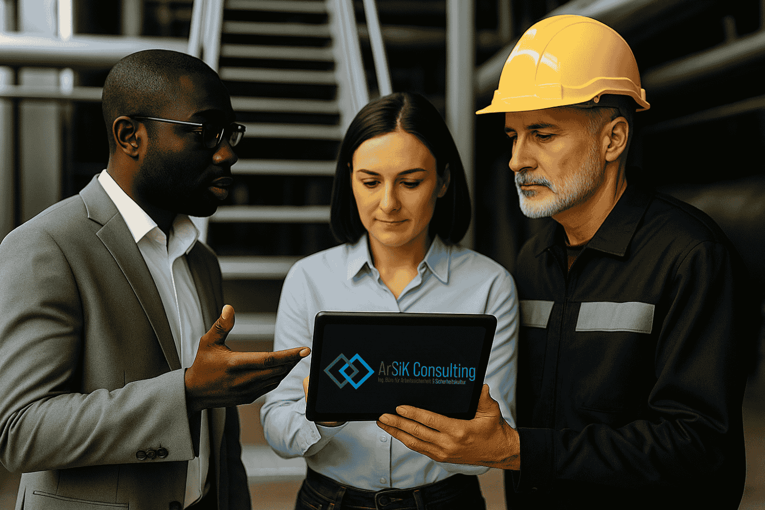 Consulting Safet Culture Ladder Beratung, 3 Menschen schauen auf ein Ipad