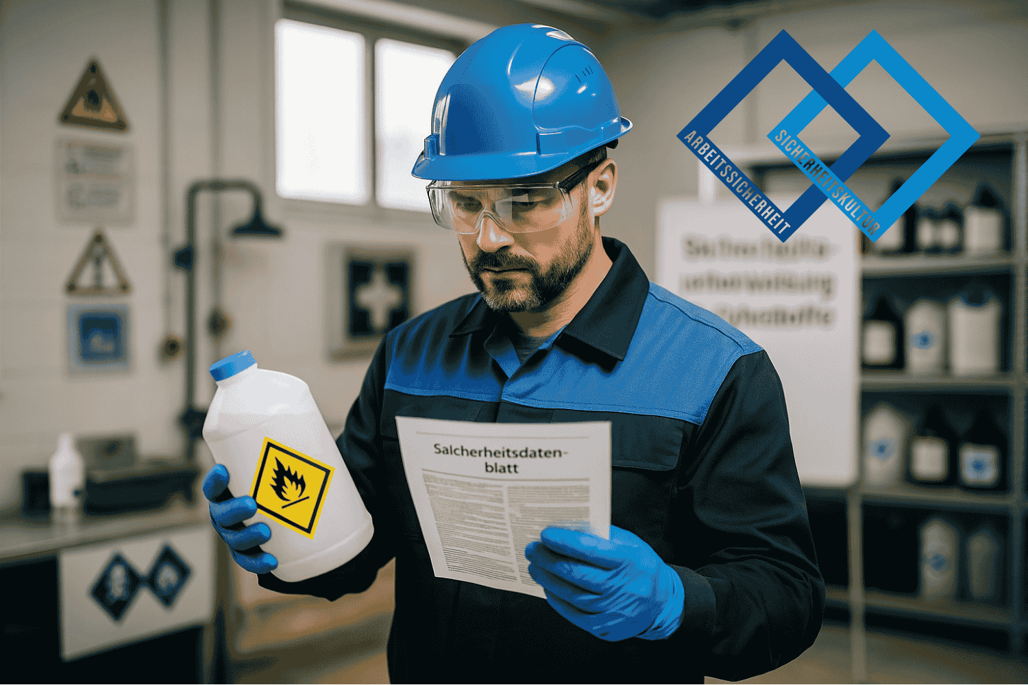 Mann mit blauer Helm und blauer Kleidung, mit Handschuhe, Schutzbrille und Gefahrstoff in der Hand mit Sicherheitsdatenblatt
