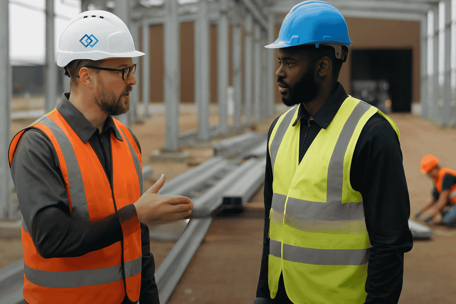 Zwei Personen auf einer Baustelle und führen ein Verhaltensgespräch (BBS).