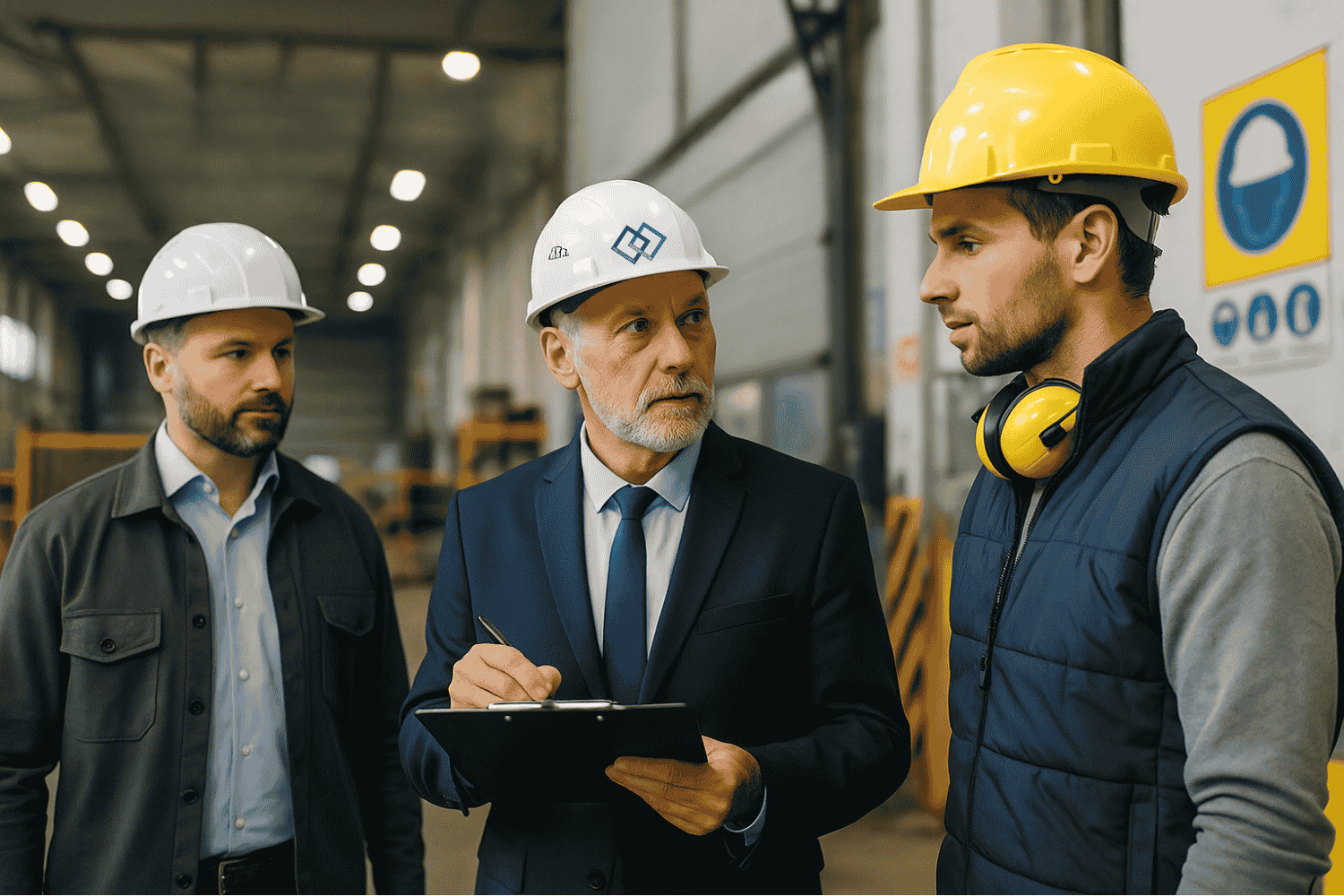 Drei Personen mit Sicherheitshelmen in einem Betrieb und machen ein Arbeitsicherheitskultur Audit
