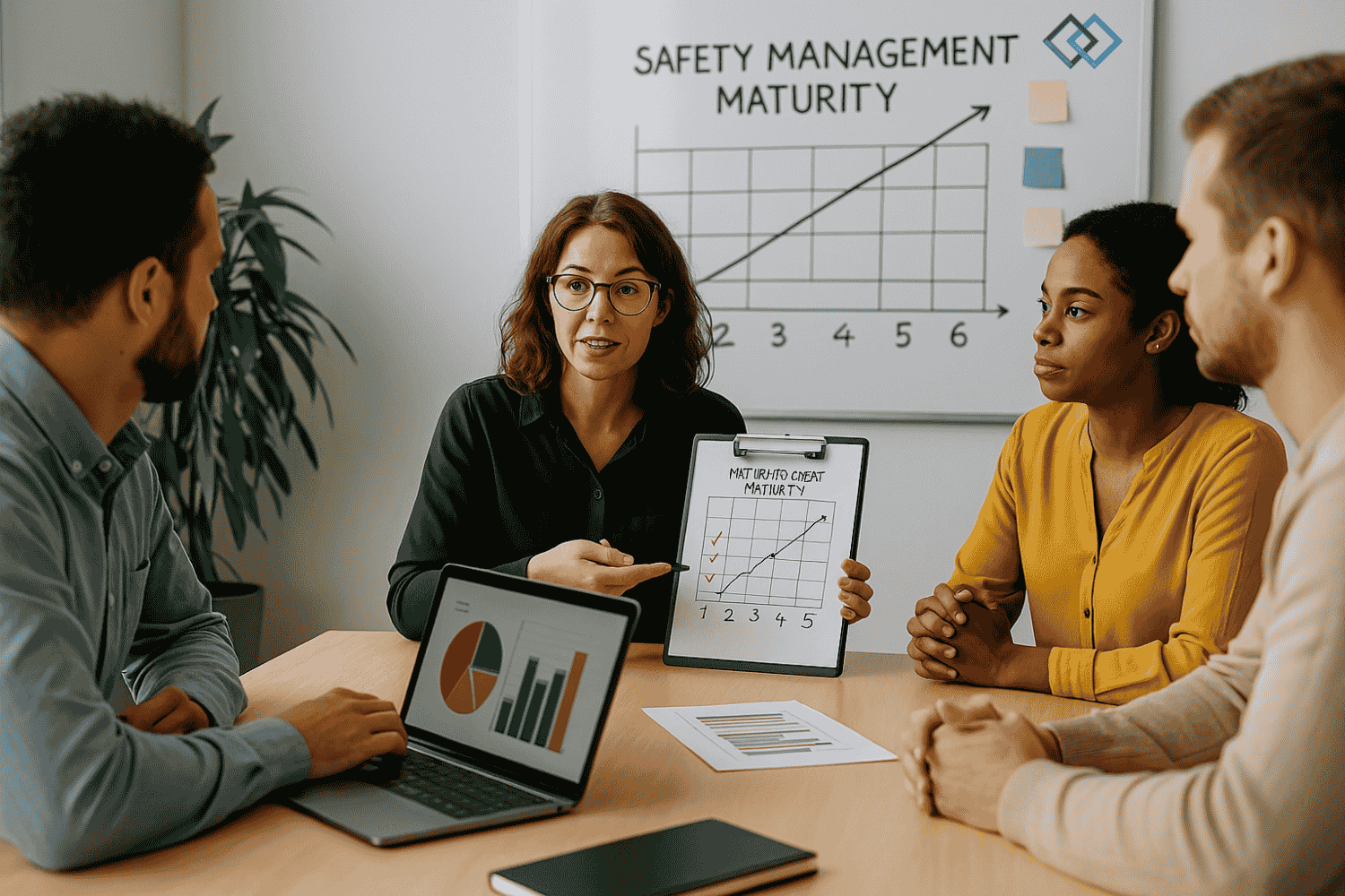 4 Personen im Besprechungsraum mit Laptop mit Statsitiken zur Reifegradbewertung