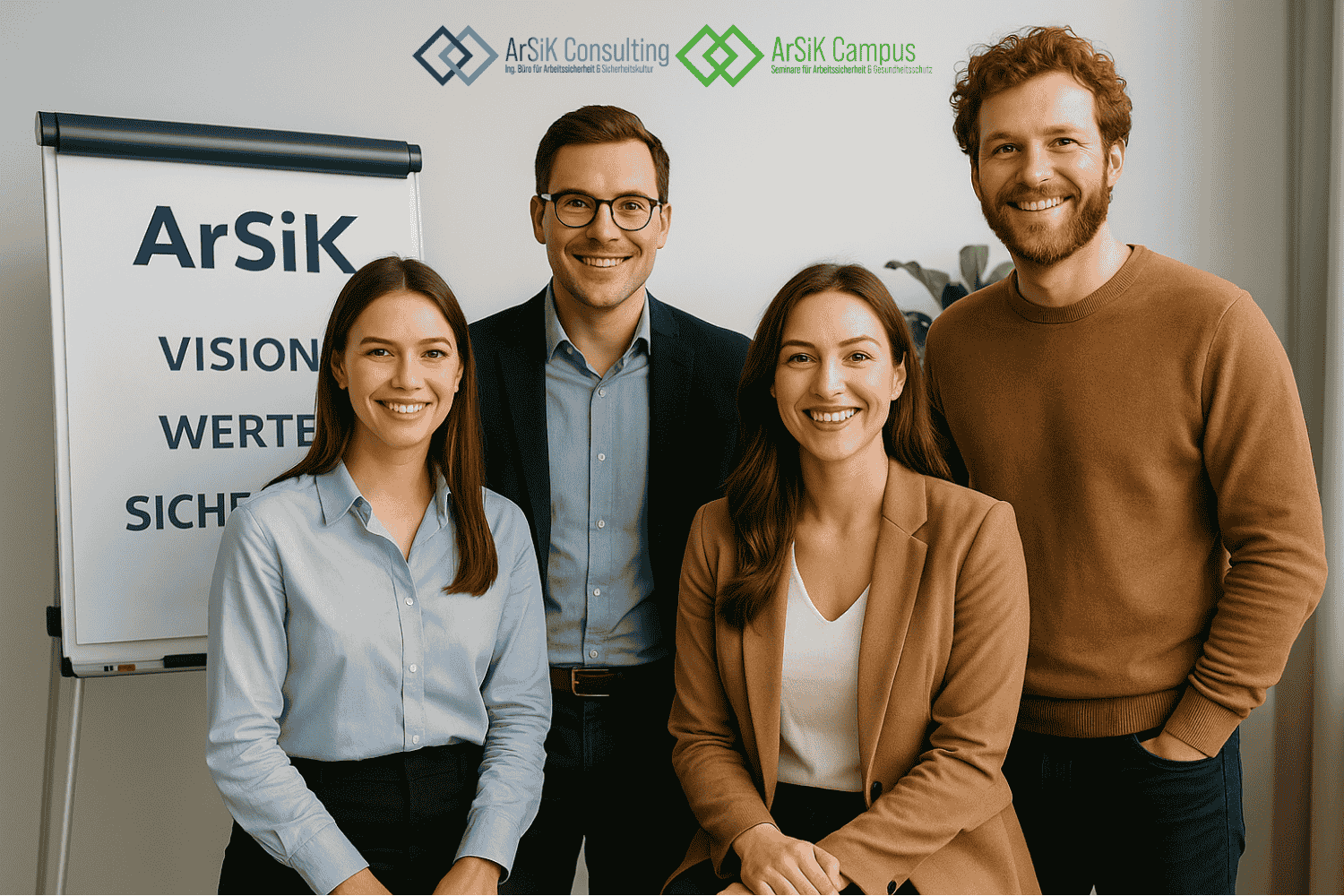 Über uns, 4 Personen auf dem Bild mit Logo ArSiK Consulting und Campus