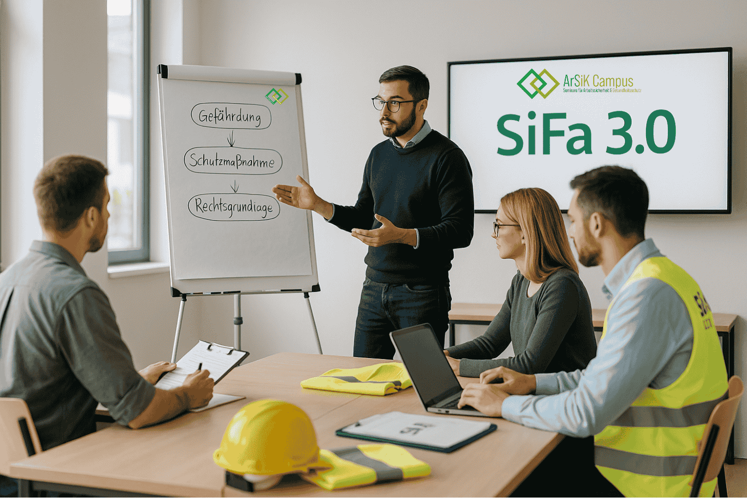 4 personen im Schulungraum mit Flipchart. SiFa 3.0 Ausbildung