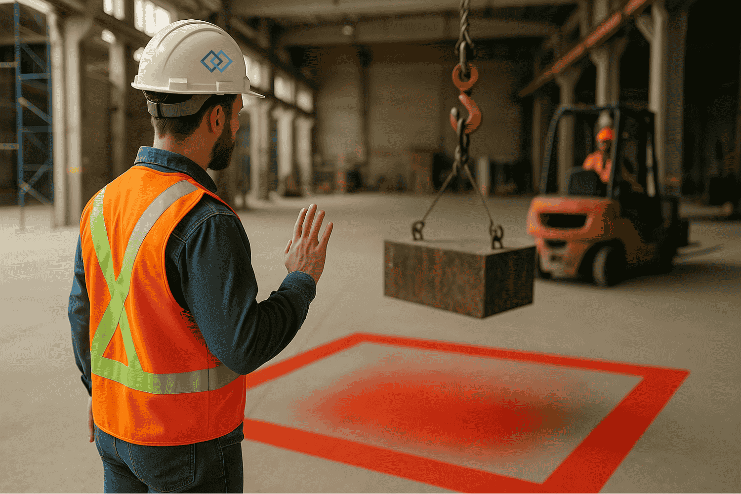 Eine Person warnt vor eine Gefahrensituation, da ein Kran eine Kiste am Haken hat. Es soll auf die Schulung Line of Fire hinweisen