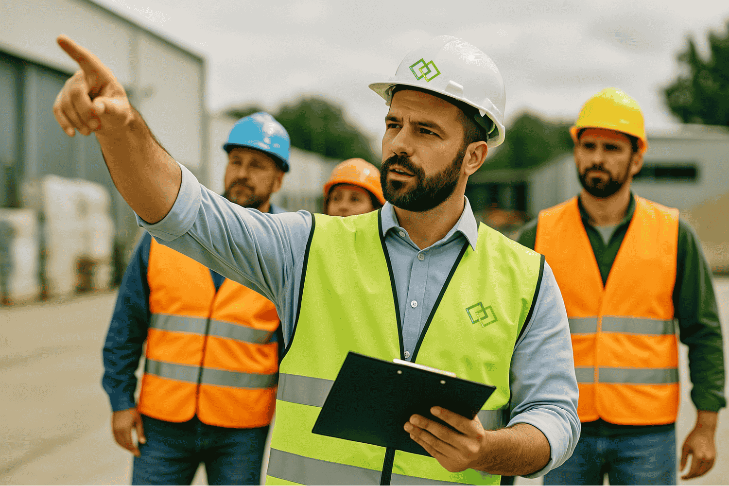 Schulung Manager in the Field. 3 Personen auf einem Werksgelände mit Warnweste und Helme