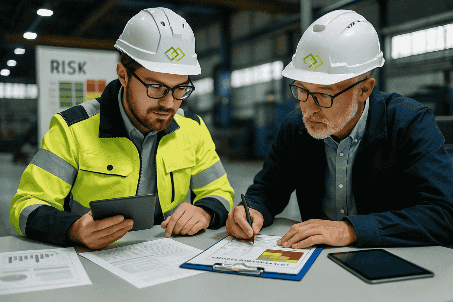 2 Personen mit weißen Helm, Schulung zur Erstellung von Gefährdung- und Belastungsanalysen
