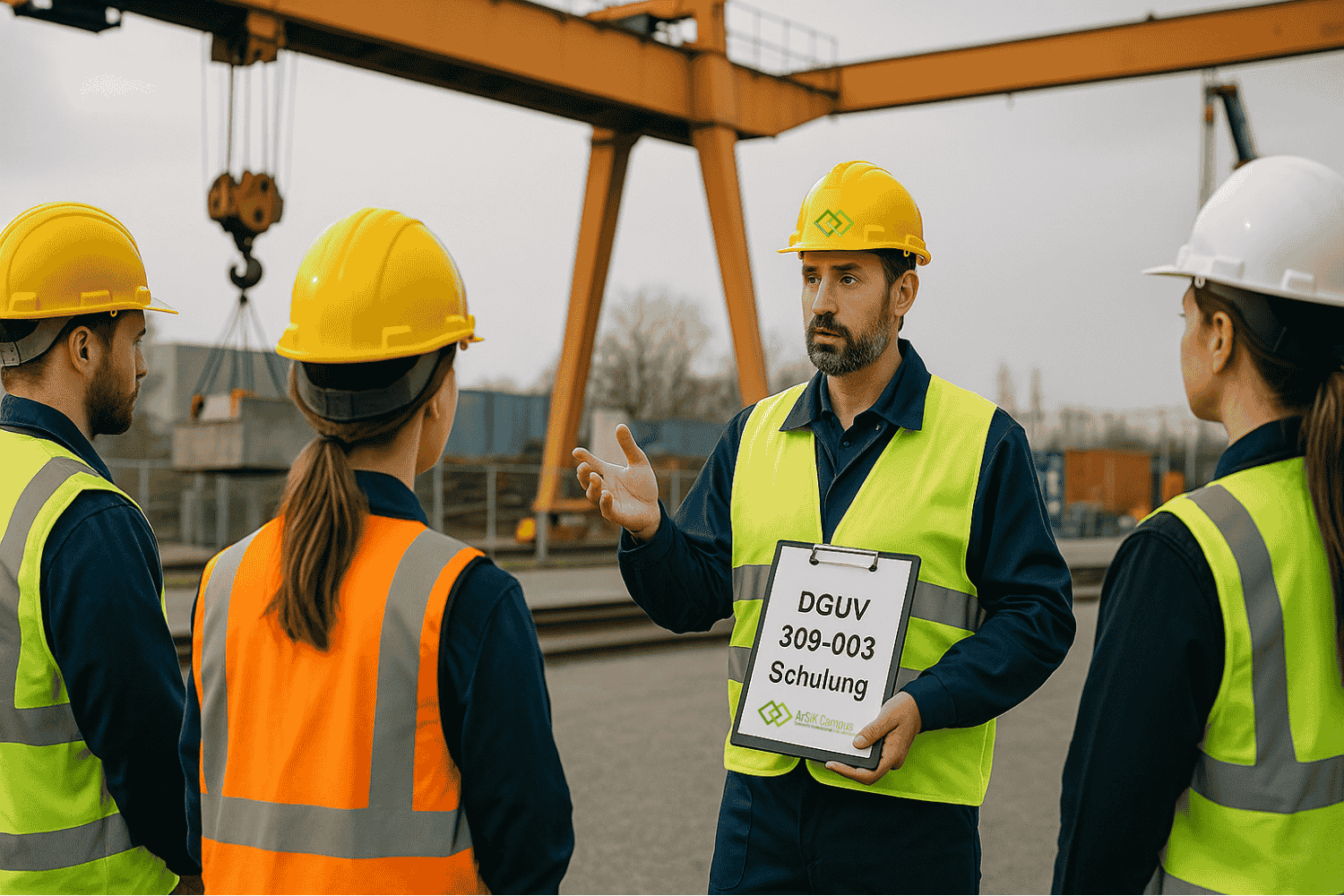 4 Personen mit Wanrwesten und Helmen bei einer Kranschulung