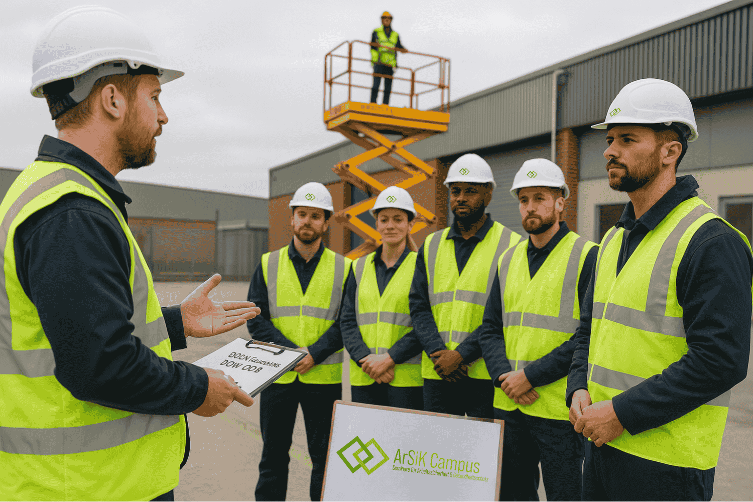 Mehrere Personen bei einer Schulung für Hubarbeitsbühnen.