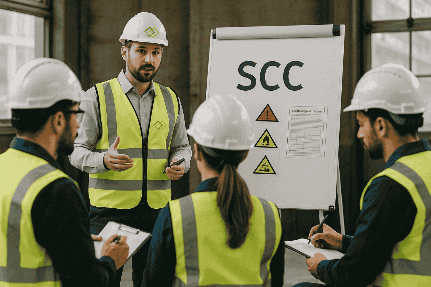 SCC Schulung mit 4 Personen in einen Schulungsraum. Personen mit Warnwesten und Helm auf