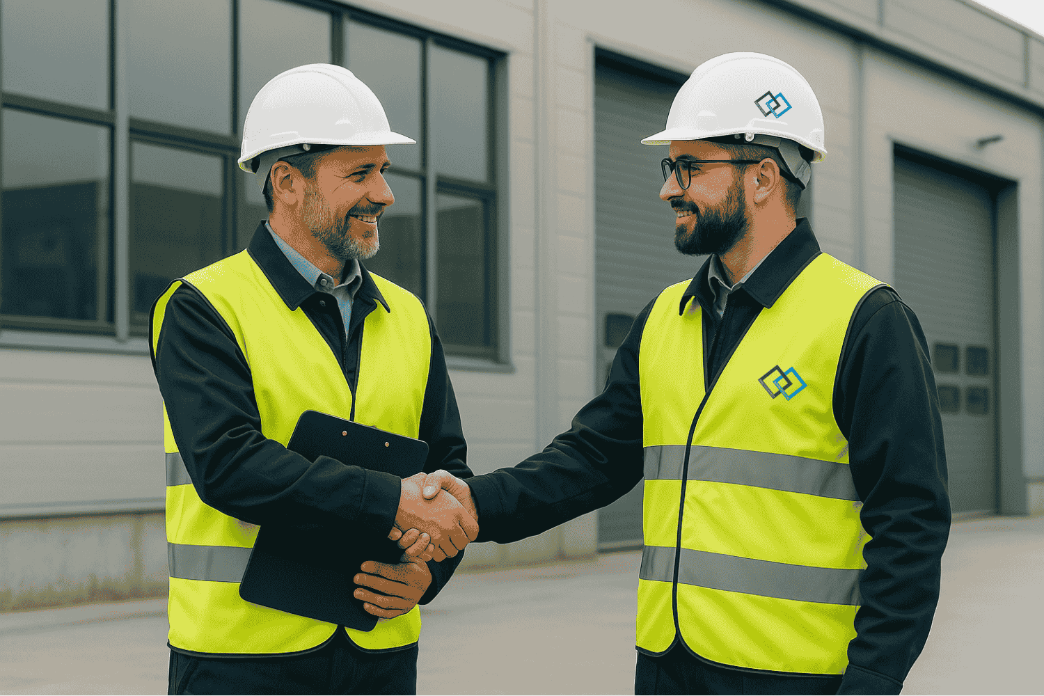 2 Personen mit Warnwesten und Helm vor einem Industriegebäude und reichen sich die Hände