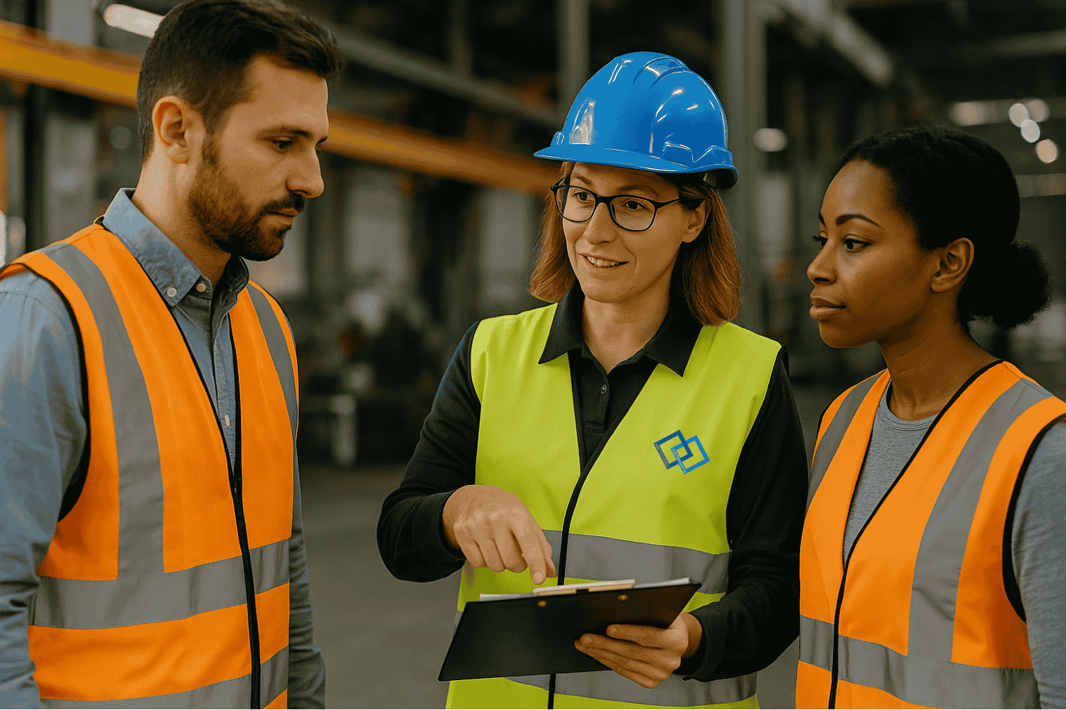 3 Personen mit warnwesten an. im hintergrund eine industriehalle