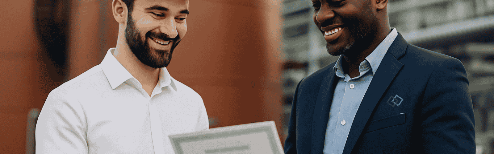 2 Personen vor einen Industriehalle und haben eine Zertifkat in der Hand