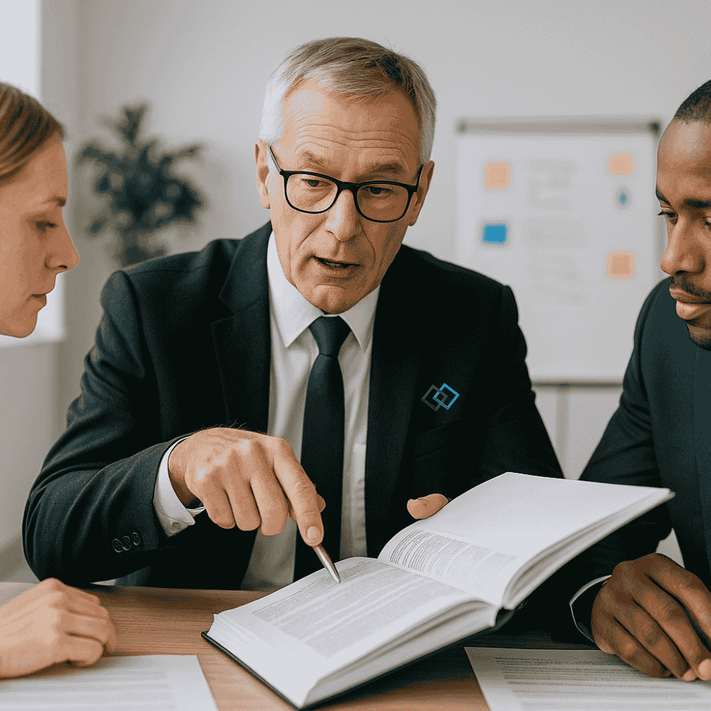 Mann mit einem BUch und zeigt etwas über Zertifizierungsaudits