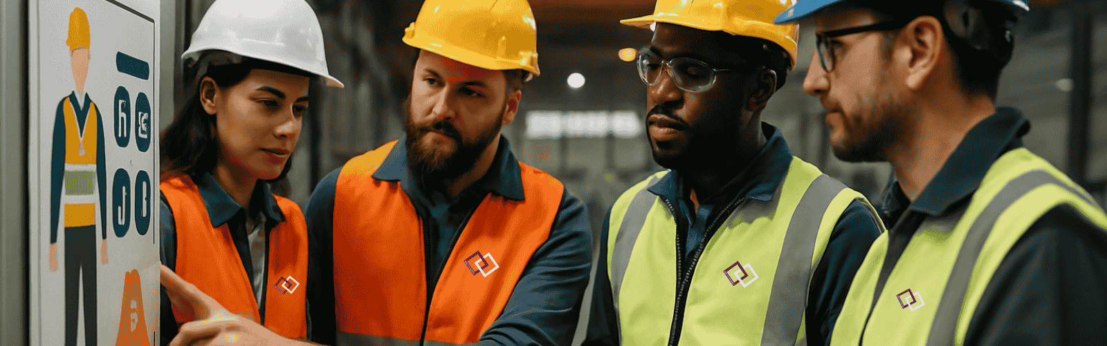 4 Personen die etwas über Safety Culture Ladder erfahren mit Warnwesten und Helmen an.