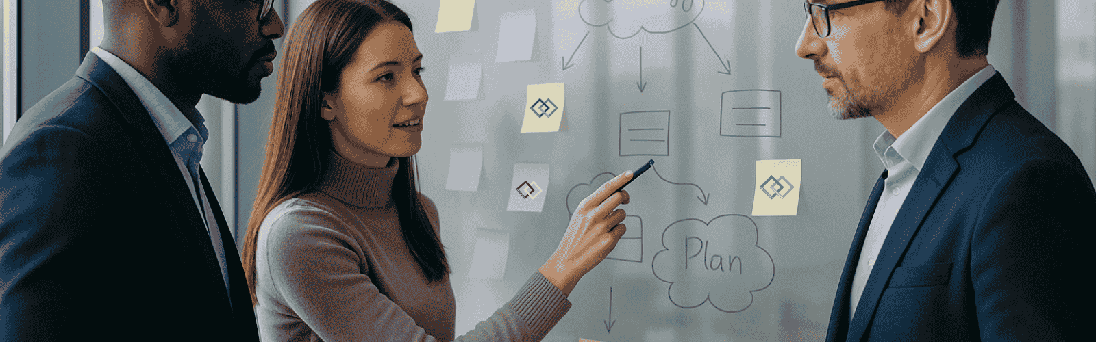 3 Personen an einem Whiteboard mit Post-It für die Strategien der Kultur