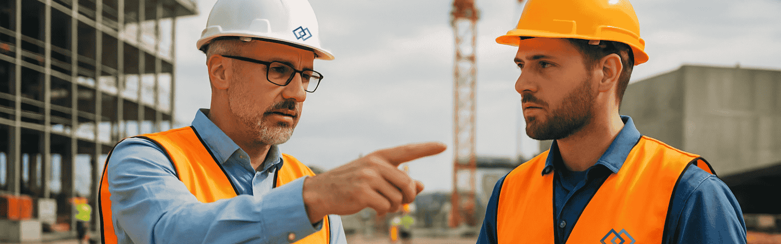 2 Personen mit Warnweste und Helmen auf einer Baustelle und reden über sicheres Verhaltem am Arbeitsplatz (BBS)