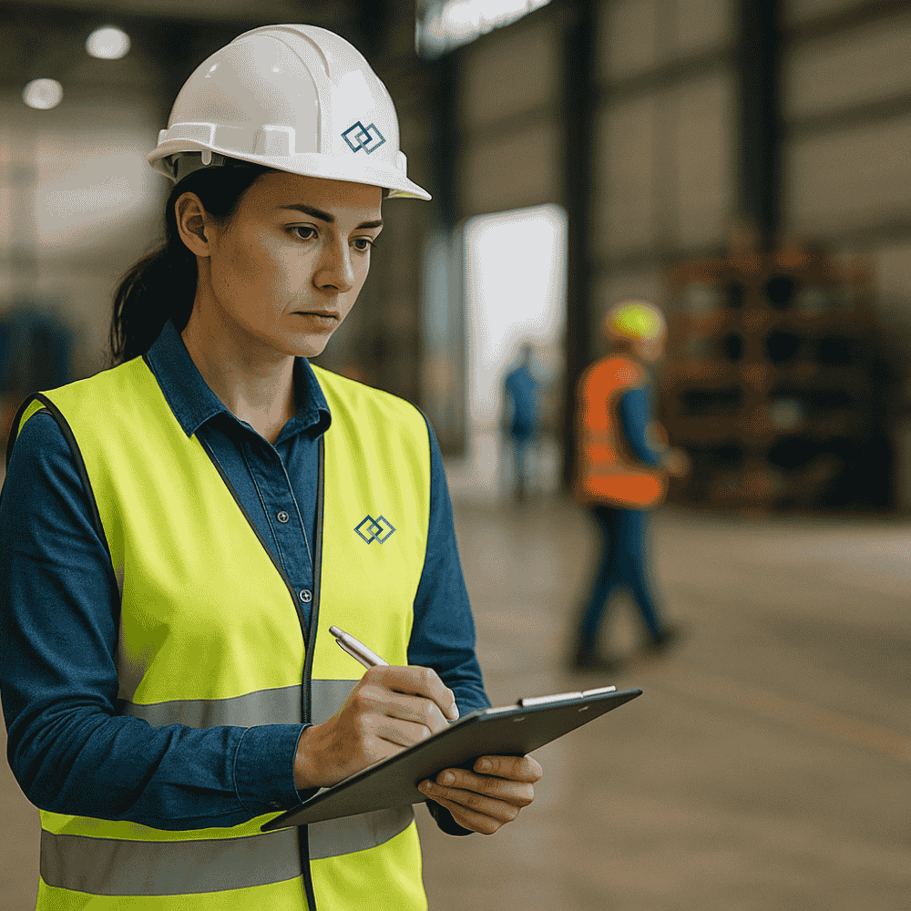 Person mit Helm und Warnweste in einer Industriehalle und schreibt sich das Arbeitsschutzverhalten auf (Behaviour Based Safety)