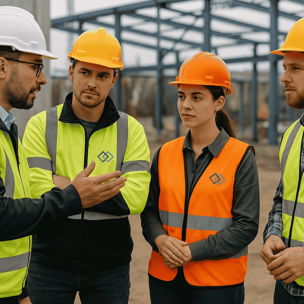 4 Personen auf ein Werksgelände und sprechen über BBS