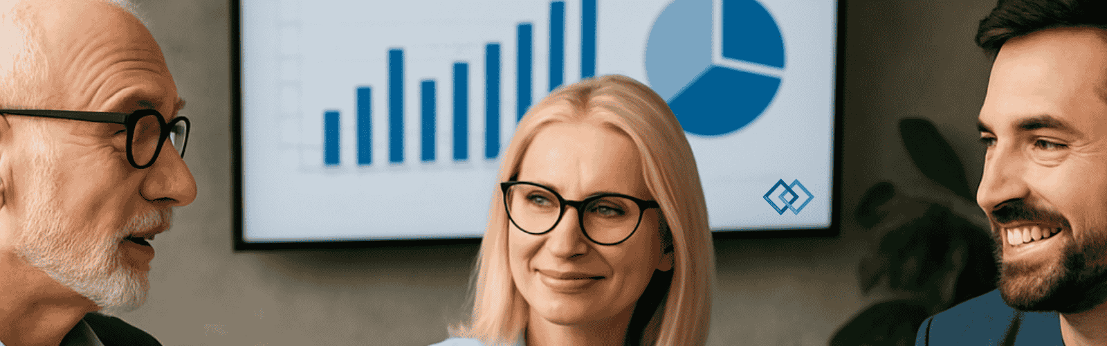 3 Personen im Gespräch und Kennzahlen im HIntergrund