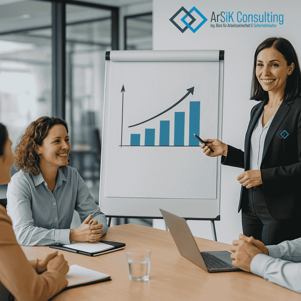 Mehrere Personen im Besprechungsraum mit Flipchat und Diagram. 