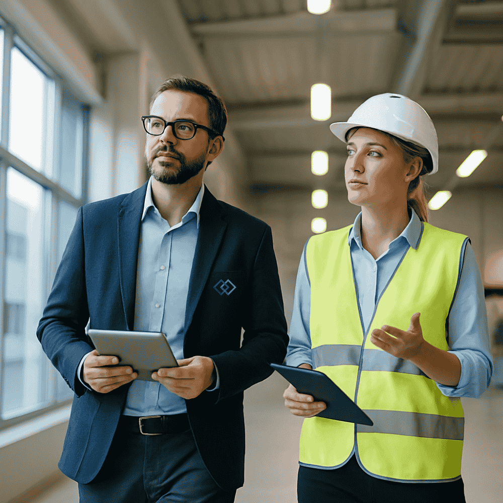 2 Personen in einer Industriehalle und wollen den Arbeitsschutz weiterentwickeln