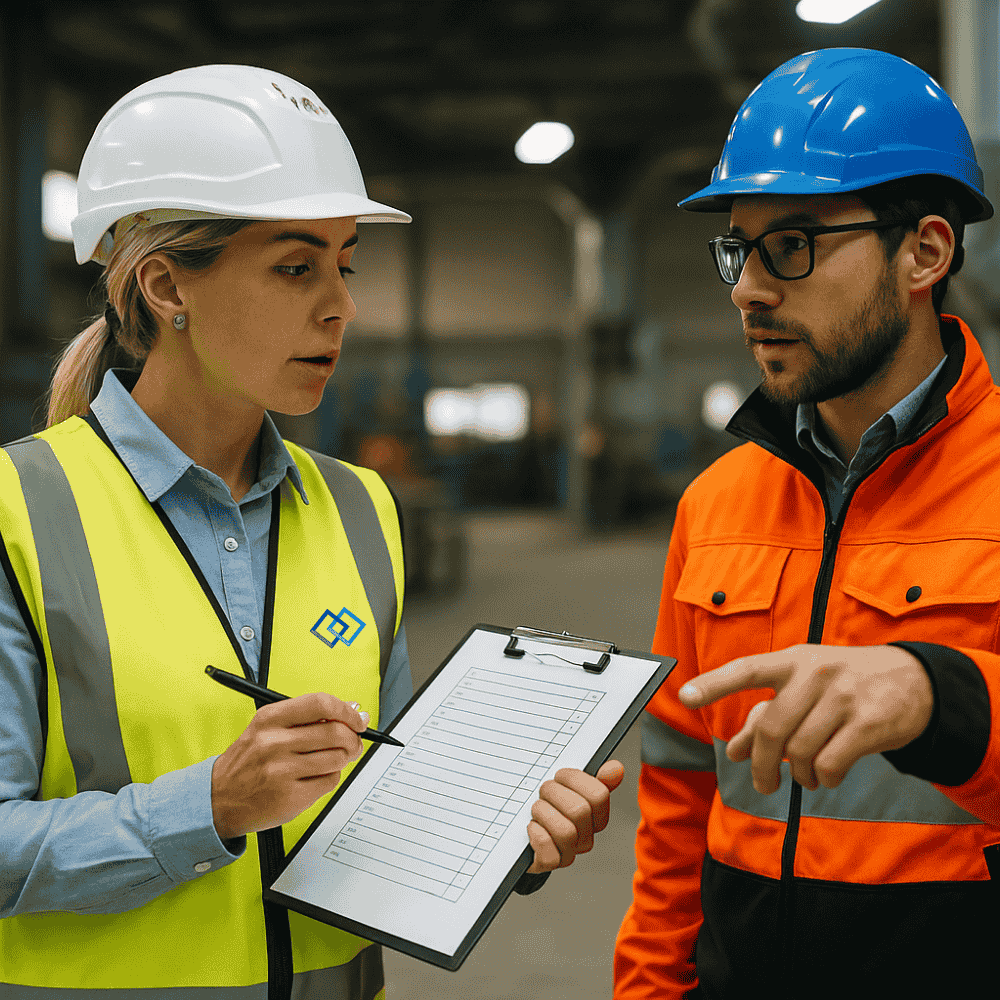 2 Personen iin einer Betriebshalle mit Warnwesten und Helme