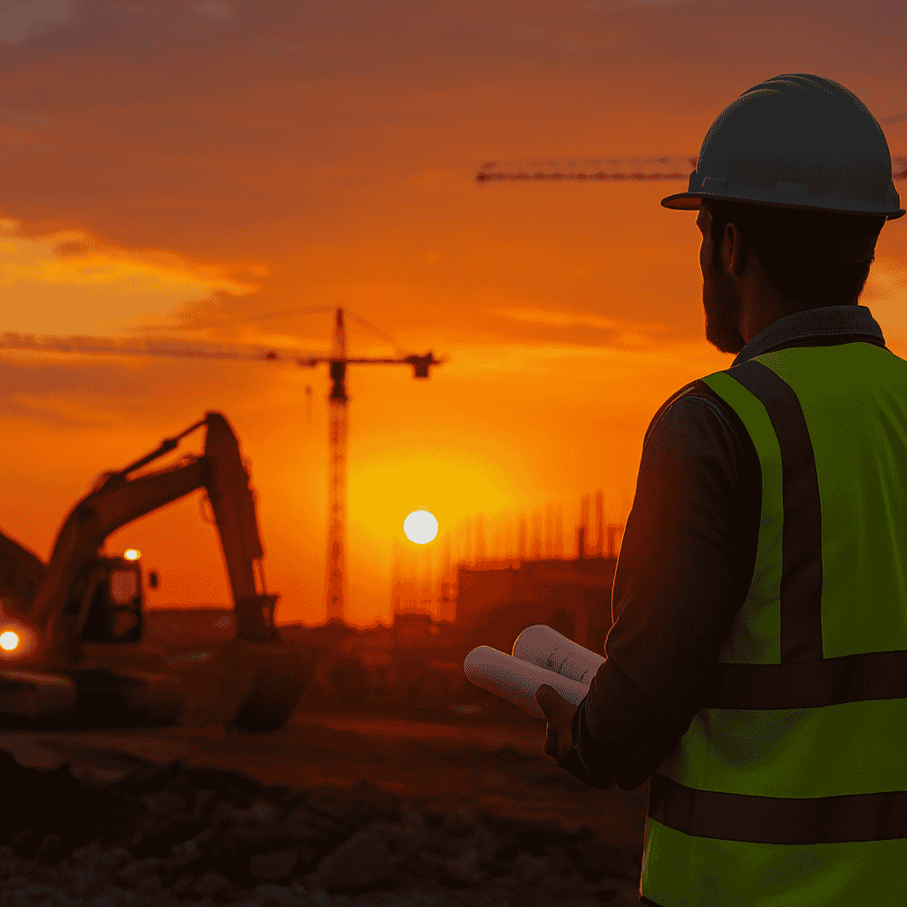 Eine Person bei Abenddämmerung und schaut auf die ARGE Baustelle.