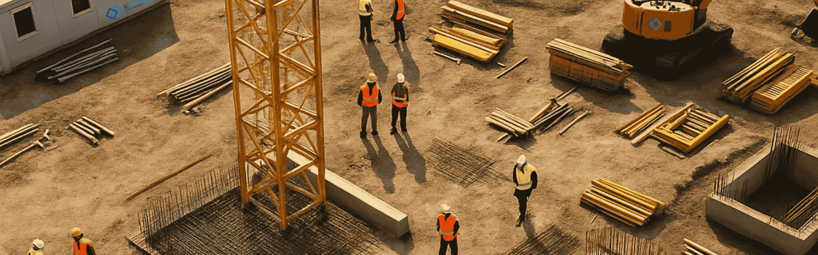 Baustelle ARGE als Vogelperspektive mit Baucontainer, Personen und Baufahrzeuge