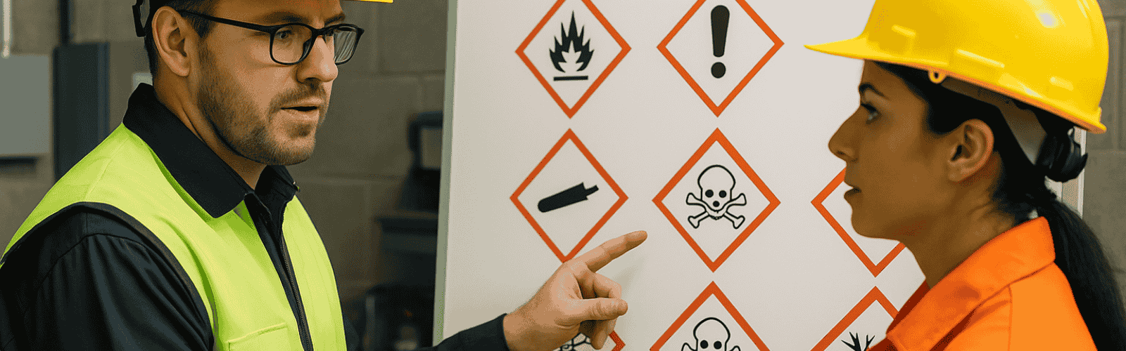 2 Personen im Schulungsraum, ein Whiteboard im Hintergrund. Mitarbeiterin wird unterwiesen in Gefahrstoffe