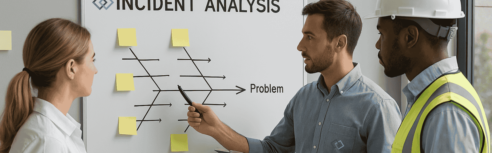 Unfallanalyse am Whiteboard mit 3 Personen.