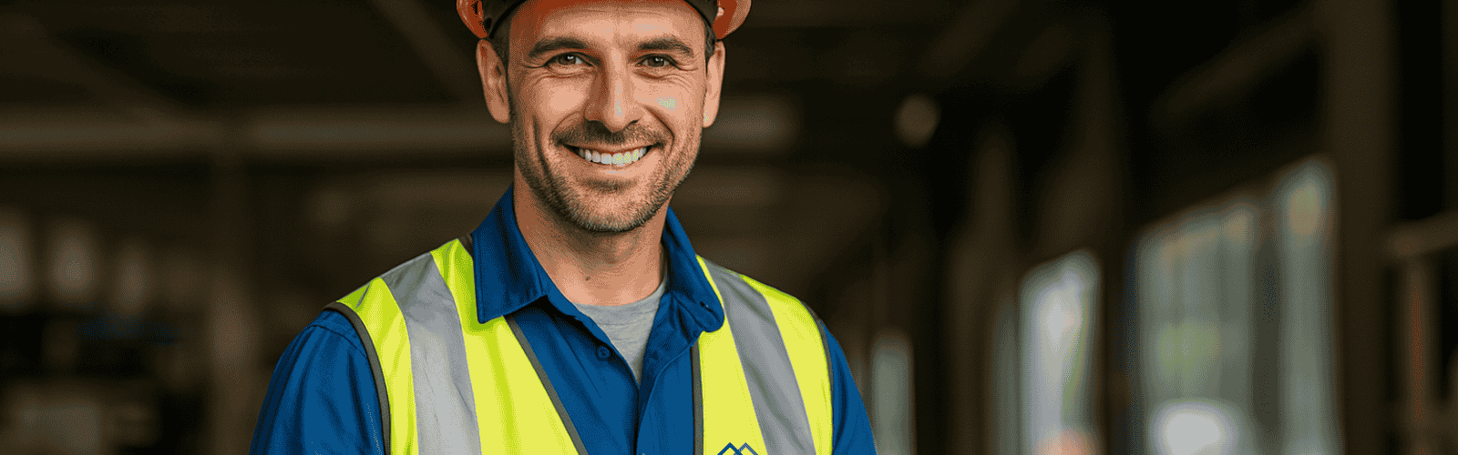 Eine Person (Fachkraft für Arbeitssicherheit) mit Warnweste und Helm