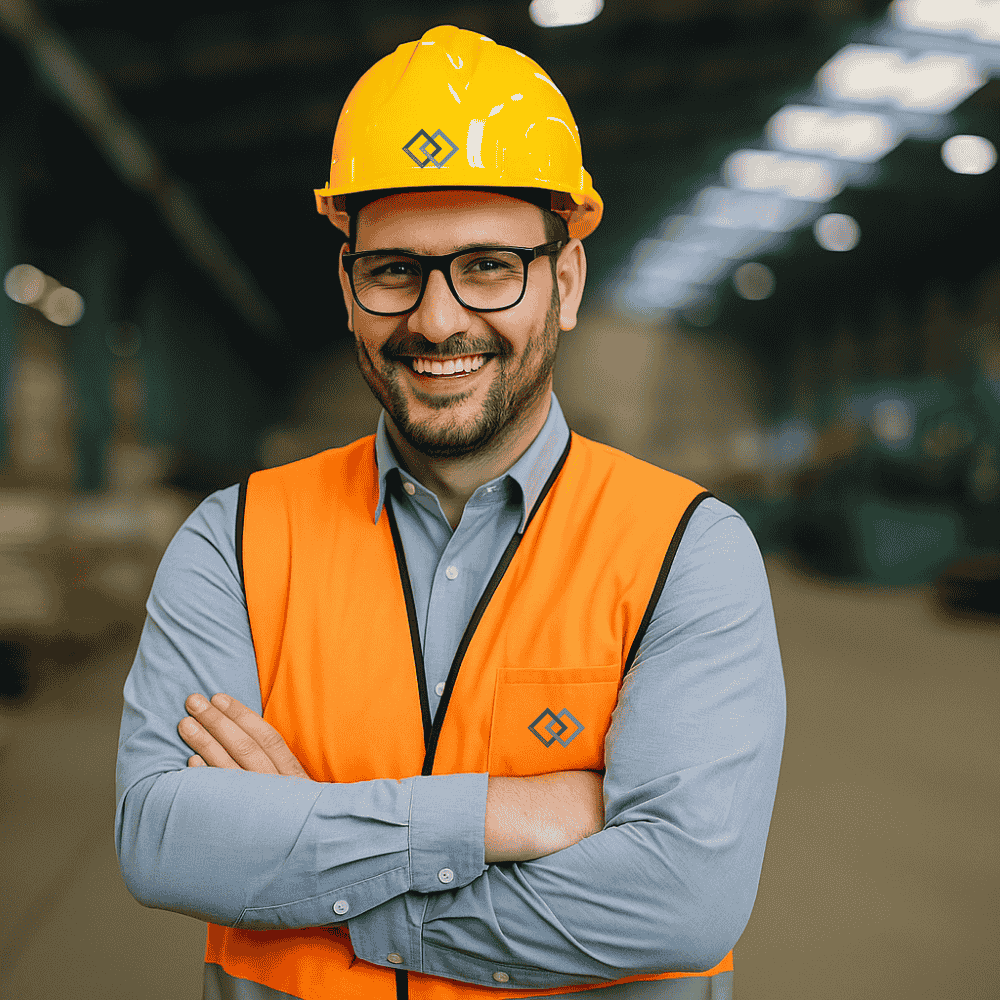 Fachkraft für Arbeitssicherheit (SiFa), im Hintergrund eine Betriebshalle