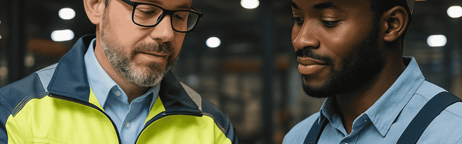 Eine Sifa und ein Mitarbeiter tauschen sich über Arbeitssicherheit aus. 