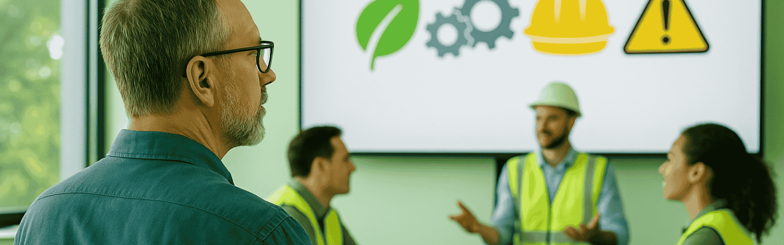 4 Personen im Schulungsraum mit Sicherheitshinweisen am Whireboard im Hintergrund